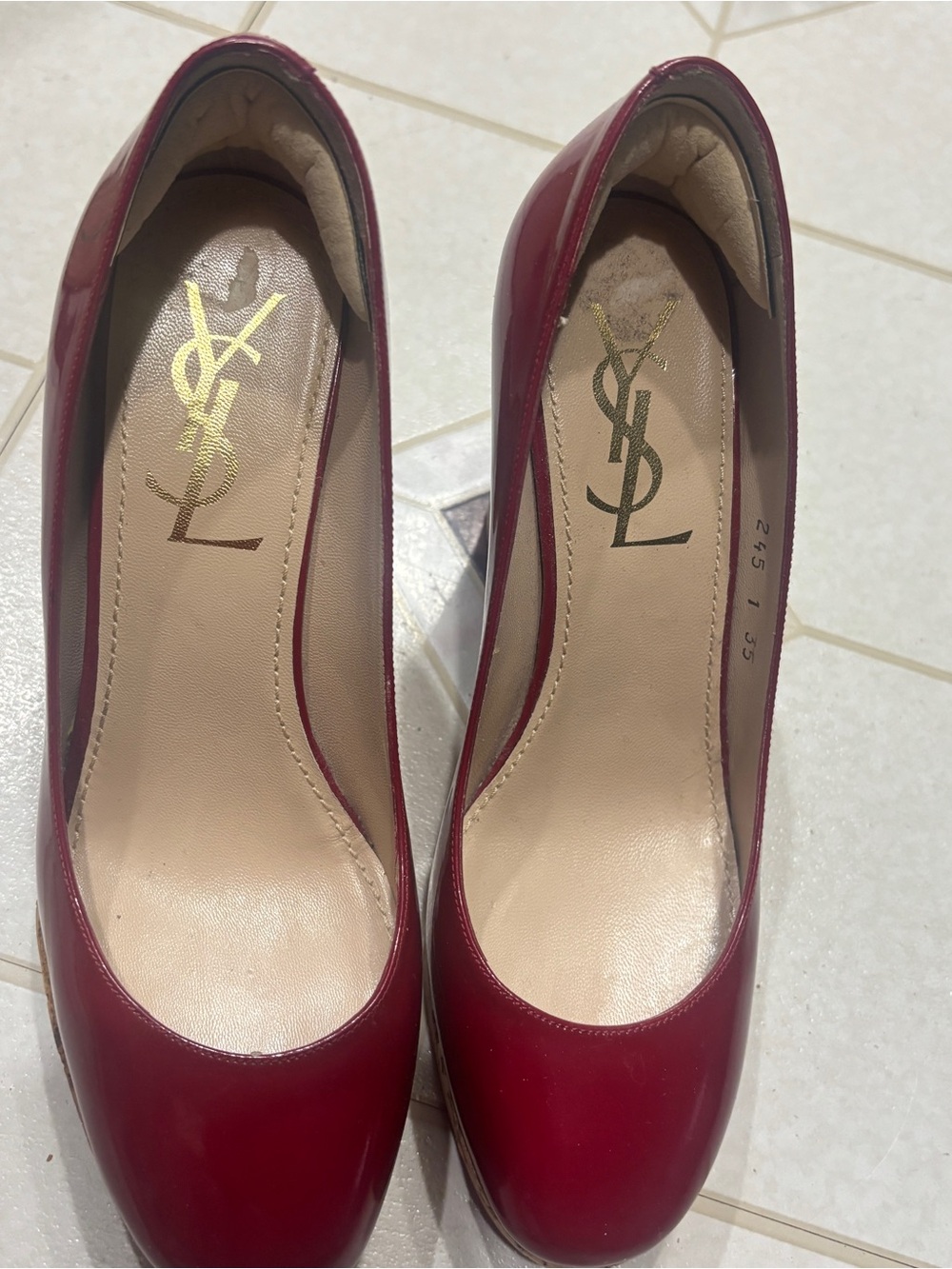 Yves Saint Laurent Burgundy Patent Leather Round-Toe Pumps